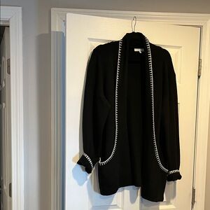 Black Open Front long Cardigan with White Trim